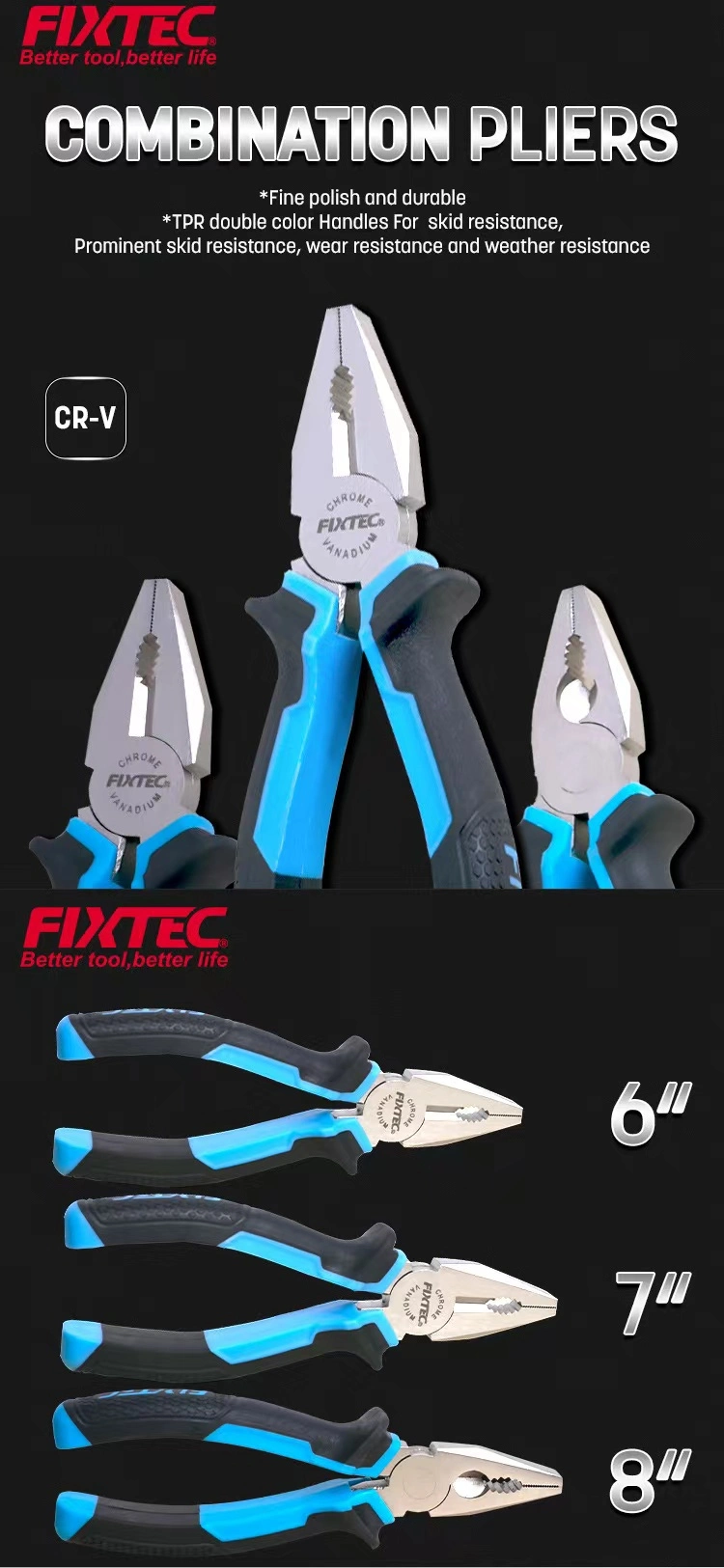 Fixtec Hardware 6" 7" 8" CRV Pliers Combination Pliers Cutting Hand Tools